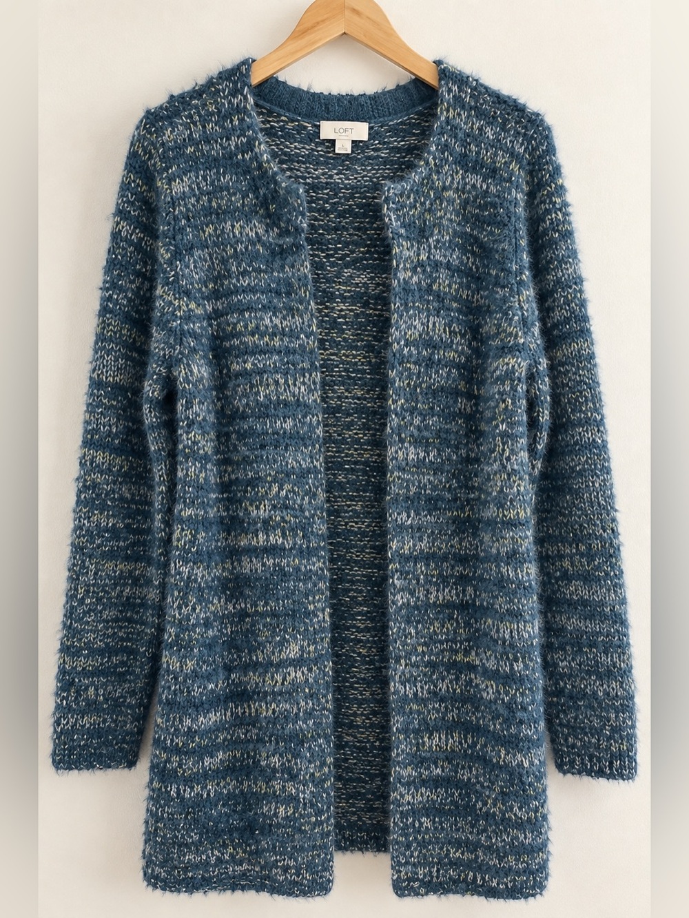 LOFT Fuzzy Teal Blue Marled Open Front Cardigan Sweater Size L